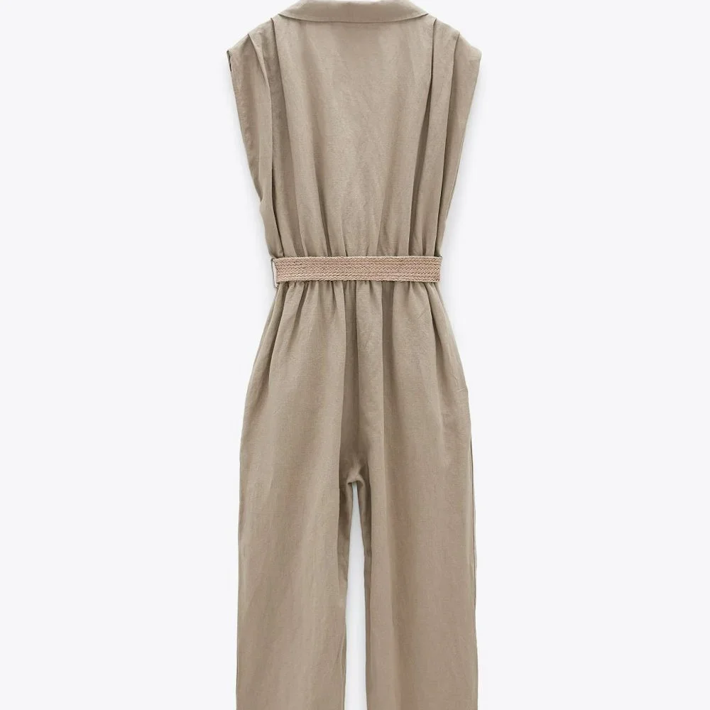 Zara Linen Blend Belted Jumpsuit Sand Sz XL, L